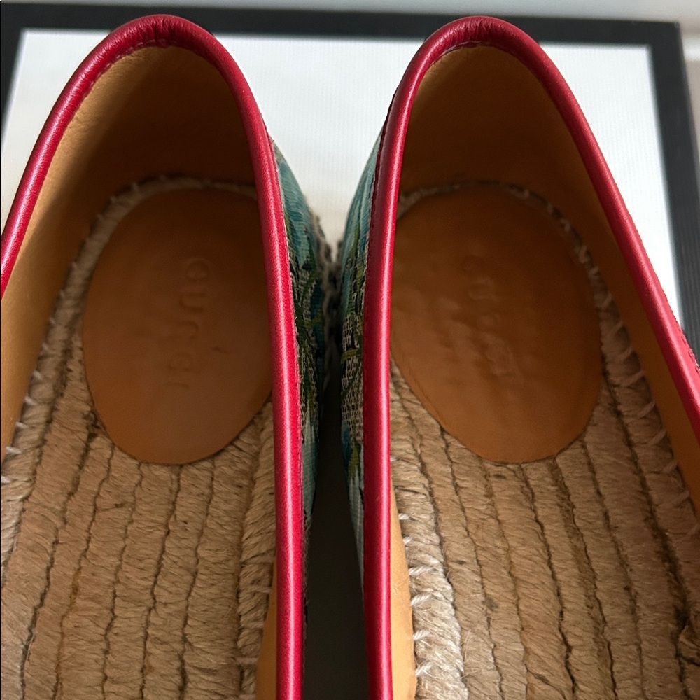 Gucci Blooms Supreme blue floral  Espadrilles red leather trim - Picture 6 of 12